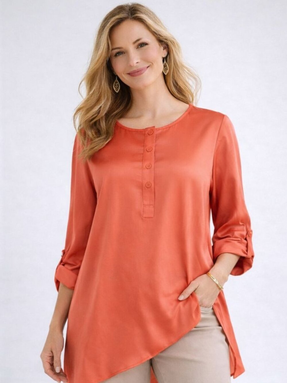 Chico's Womens Ali Diagonal Hem Top Blouse Coral Roll Tab Sleeve Size 1 | M